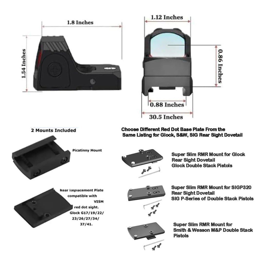 Shake Awake Reflex Sight 3 MOA Dot 32 MOA Circle Red/Green Dot Scope for RMR Cut Footprint, Shockproof and Waterproof Open Reflex Optics with Adapter Plate Picatinny