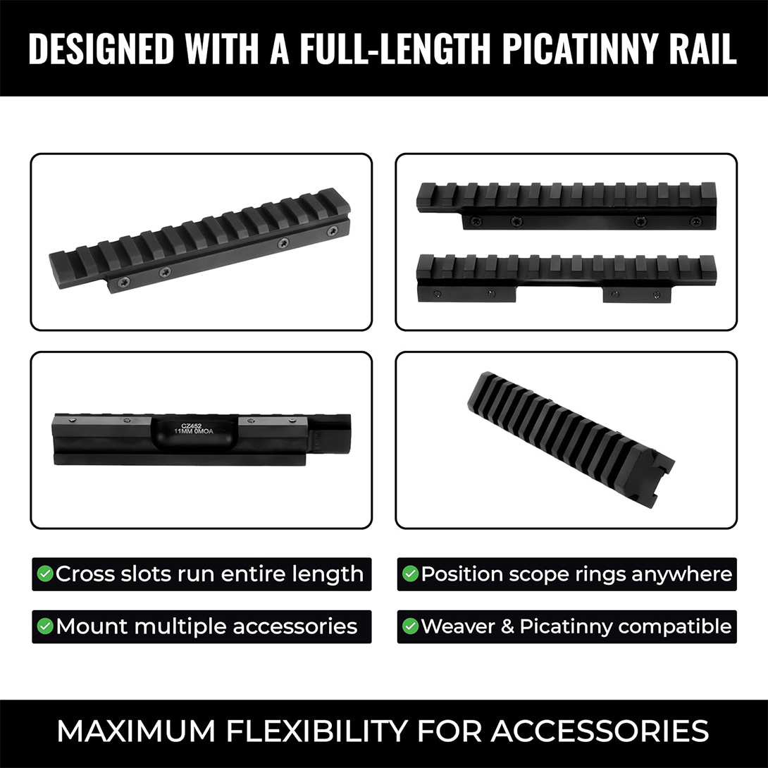 11 mm Dovetail to Picatinny Scope Rail Base Mount Compatible for Right-Hand HD CZ 452, 453, 455, 511, 512 for 11mm Picatinny Rail Mount 0 MOA