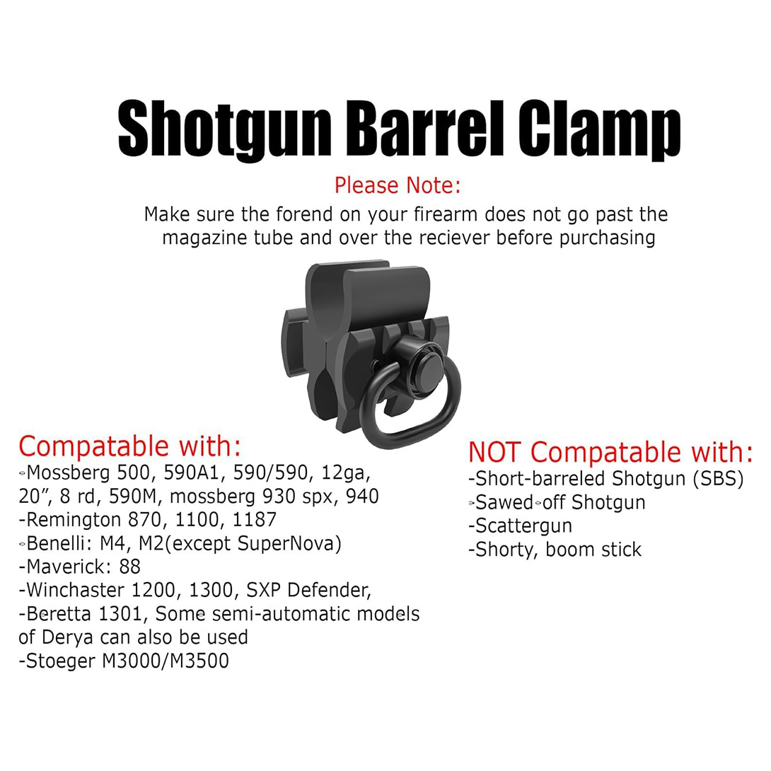 Shotgun 12Ga Barrel Clamp W/Built-in QD Forward Sling Swivel Socket, 3-Slot Picatinny Rail Mount (1.25 in QD Sling Swivel and 2 PCS 4×6 mm Gasket Silicone Elastomer Included)