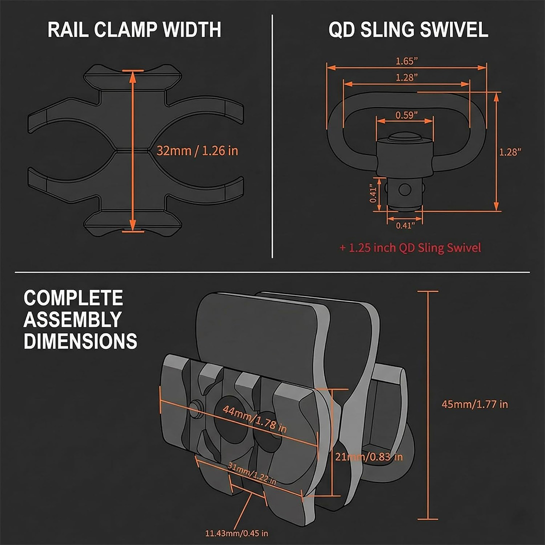 Shotgun 12Ga Barrel Clamp W/Built-in QD Forward Sling Swivel Socket, 3-Slot Picatinny Rail Mount (1.25 in QD Sling Swivel and 2 PCS 4×6 mm Gasket Silicone Elastomer Included)
