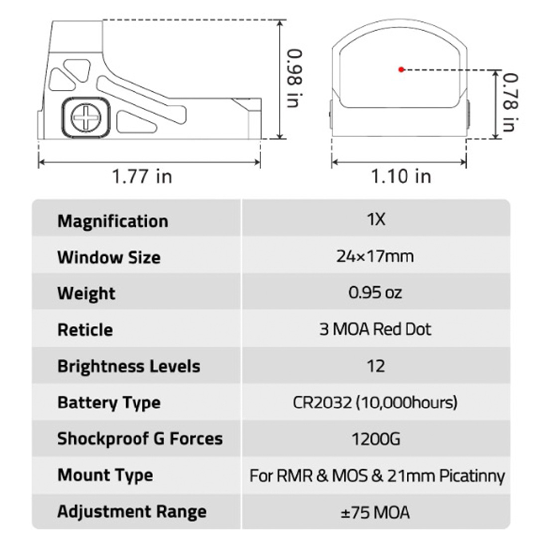 Motion Awake Red Dot Sight for RMR Footprint, 3 MOA Red Dot Open Reflex Sight, 1x24mm Lens Optics Scope for Full-Sized Pistols, Adapter for MOS & 21mm Picatinny Base