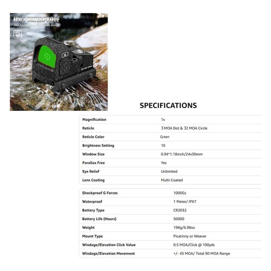 Shake Awake Reflex Sight 3 MOA Dot 32 MOA Circle Red/Green Dot Scope for RMR Cut Footprint, Shockproof and Waterproof Open Reflex Optics with Adapter Plate Picatinny