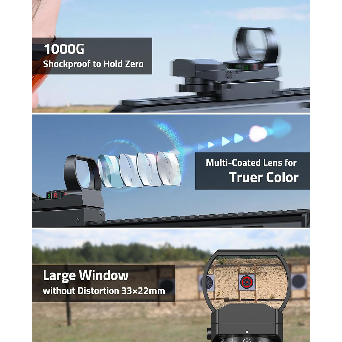 Red Green Dot Gun Sight Scope Reflex Sight, 4 Adjustable Reticles Holographic Optic with 20mm Rail Mount